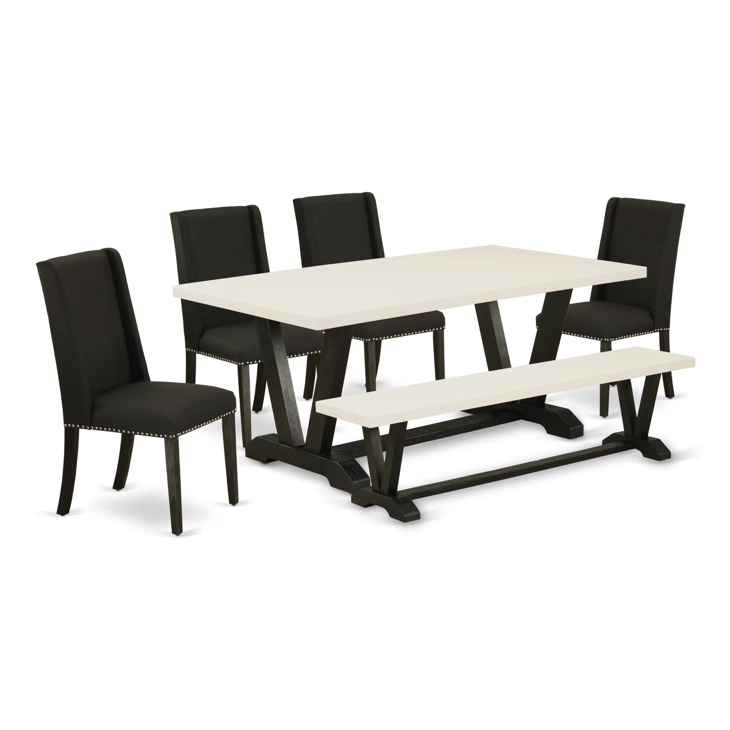 East West Furniture V627Fl624-6 6 Piece Dining Room Table Set Contains A Rectangle Kitchen Table With V-Legs And 4 Black Linen Fabric Parson Chairs With A Bench, 40X72 Inch, Multi-Color