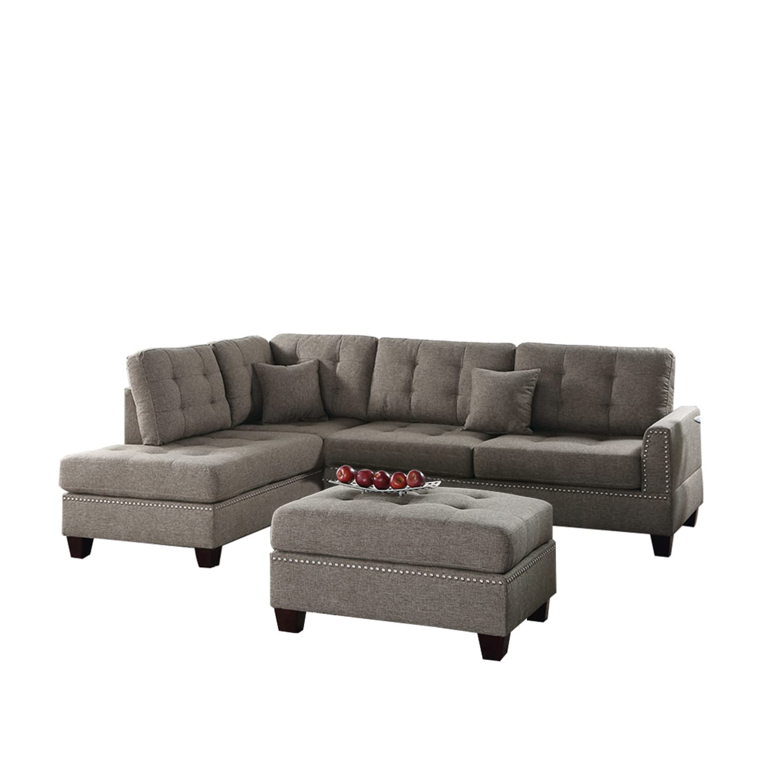 Benjara Benzara Polyfiber Sectional Sofa With Ottoman And Cushion, Light Brown,