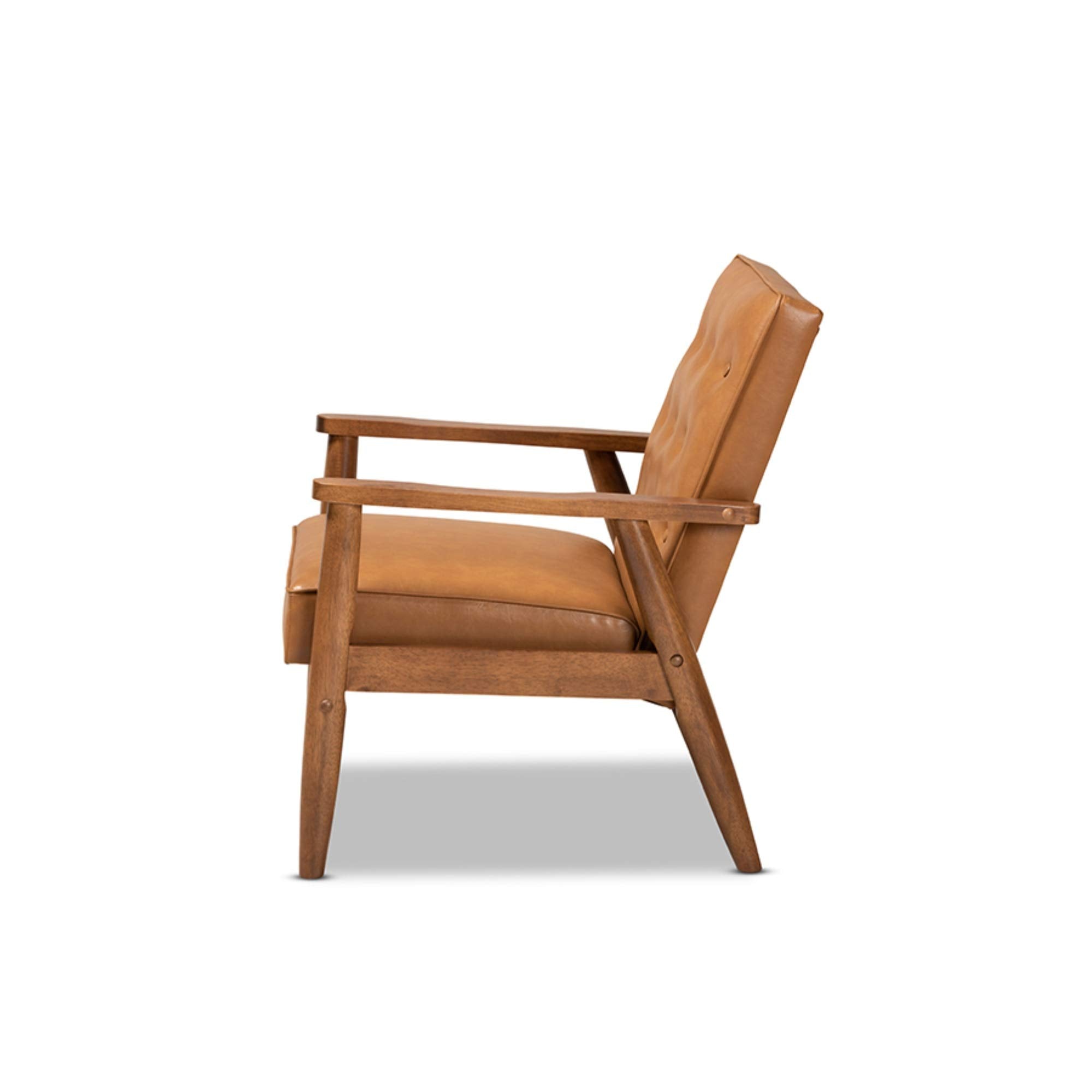 Baxton Studio Sorrento Mid-Century Modern Tan Faux Leather Upholstered and Walnut Brown Finished Wood Lounge Chair