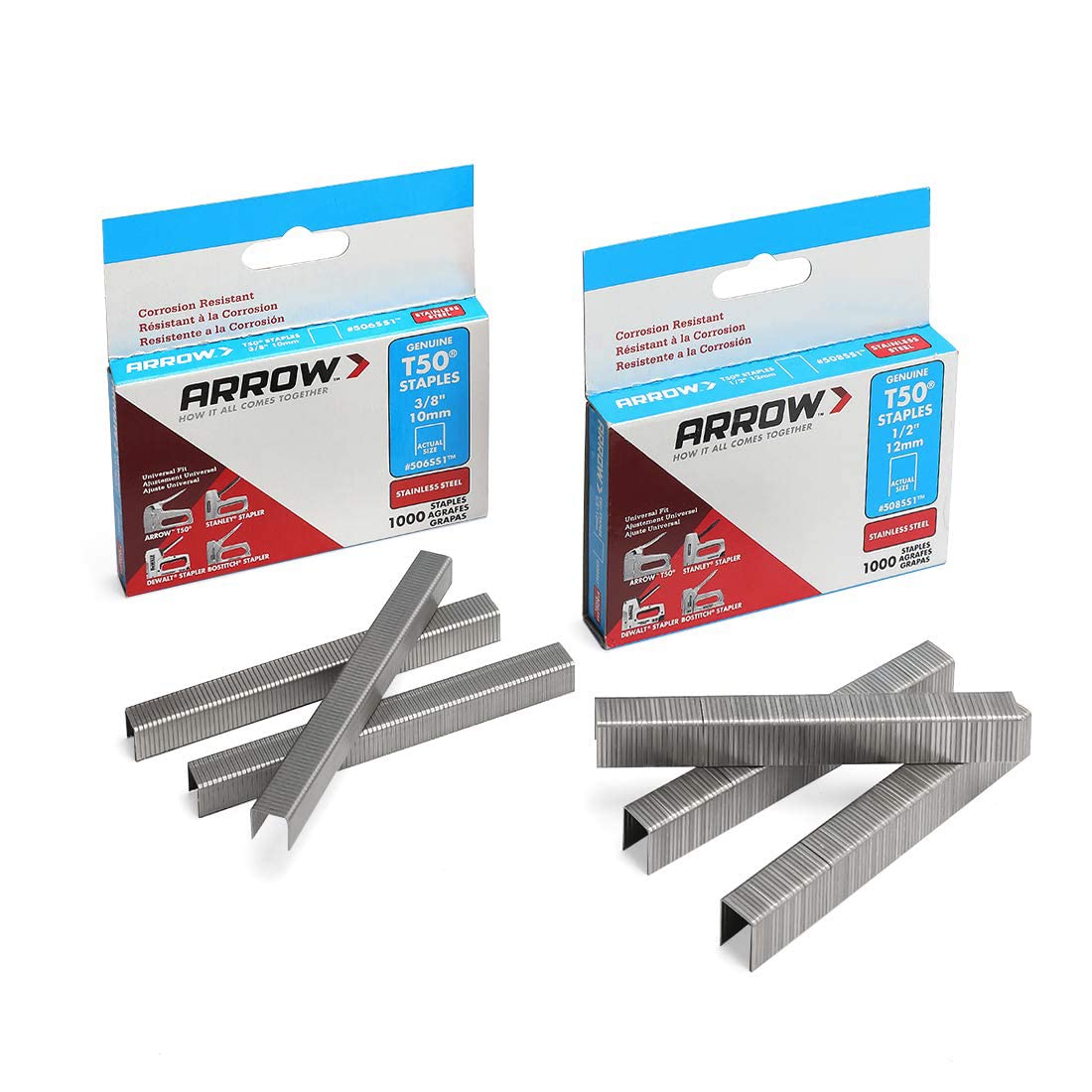 Arrow T50 Stainless Steel Staples Pack Set #508Ss1 1/2' 12Mm And #506Ss1 3/8' 10Mm