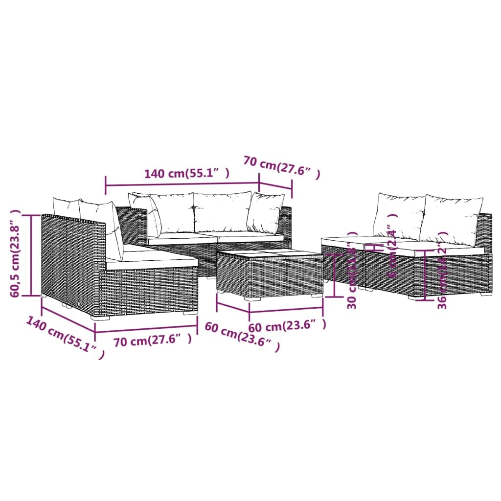 vidaXL 7 Piece Black PE Rattan Garden Lounge Set with Cushions and Tempered Glass Coffee Table for Patio Outdoor and Indoor Seating