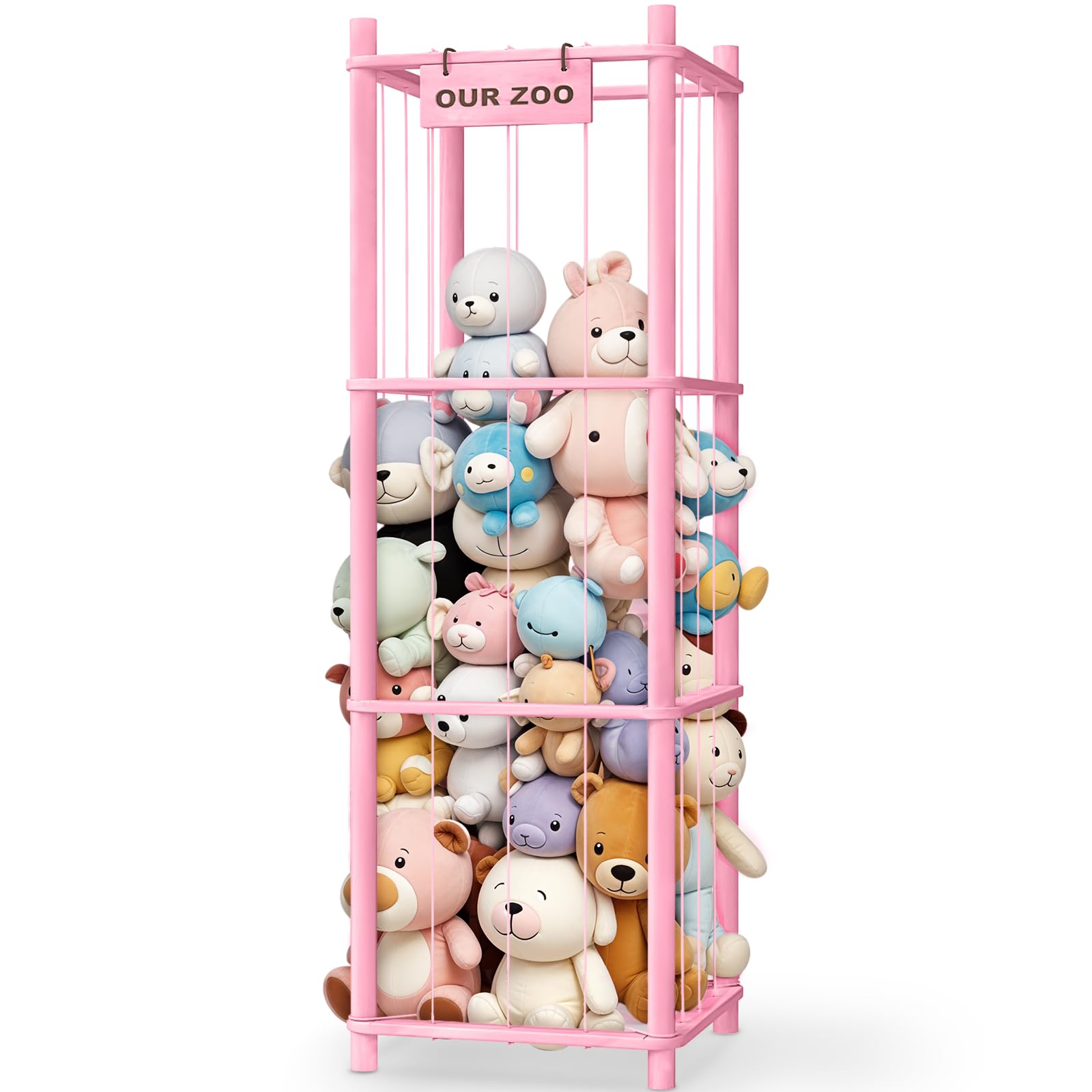 Woodure Stuffed Animal Storage & Organizer, Wooden Cute Zoo Toy Holder for Toddler Rooms, Playrooms & Bedrooms(Pink)