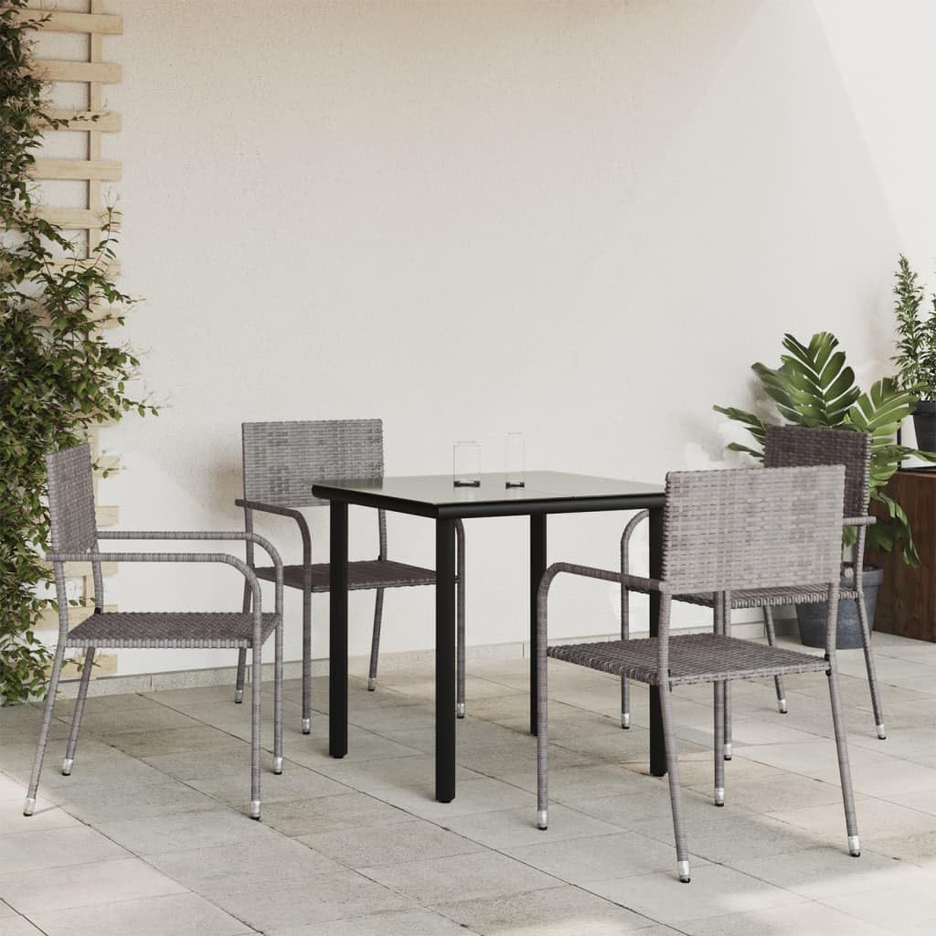 vidaXL 5 Piece Patio Dining Set - Gray Poly Rattan/Steel Chairs and Black Tempered Glass Table for Garden/Patio