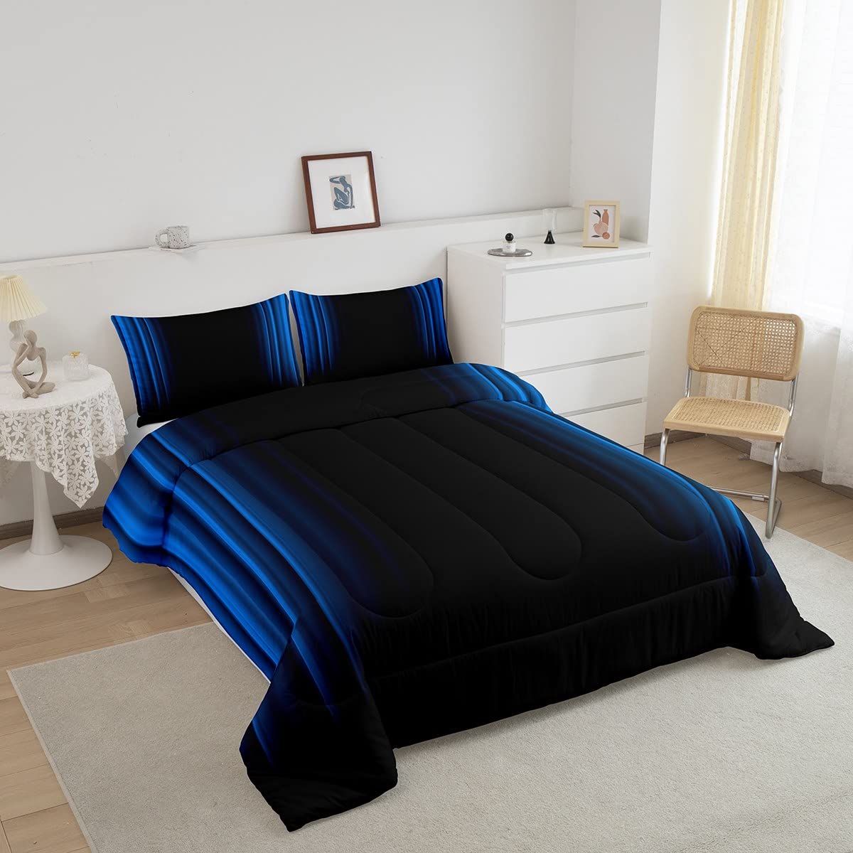 Geometric Abstract Ombre Comforter Set Kids Teens Blue And Black Striped Bedding Bed Set Decor Modern Fashion Comforter Inner Fill Bedroom Collection 2Pcs Twin Size