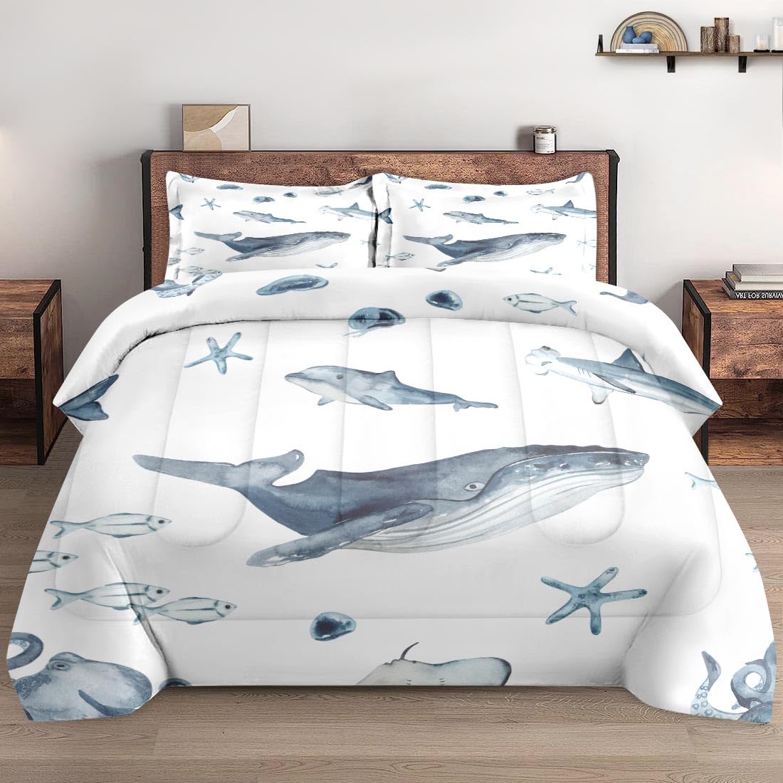 Wecozy Full Size Comforter Set With 2 Pillowcases, Underwater Whale Jellyfish Shark Dolphin Soft 3 Pcs Bedding For Kids And Adul