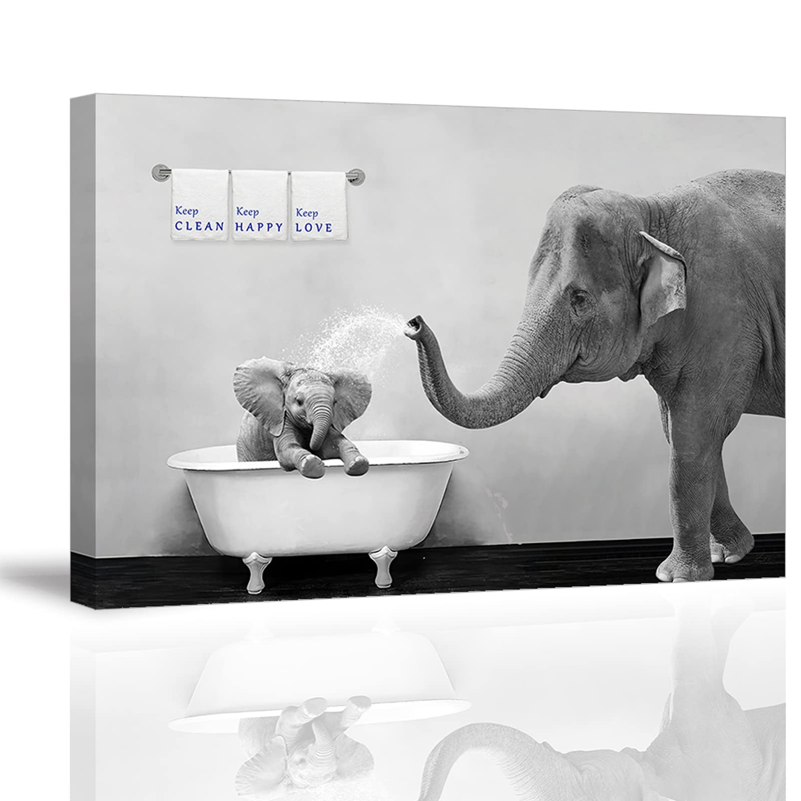 Piy Painting Elephant Bathroom Decor Wall Art, Funny Canvas Prints of Mother and Child Playing Water in Bath Crock, Warm Bathtub