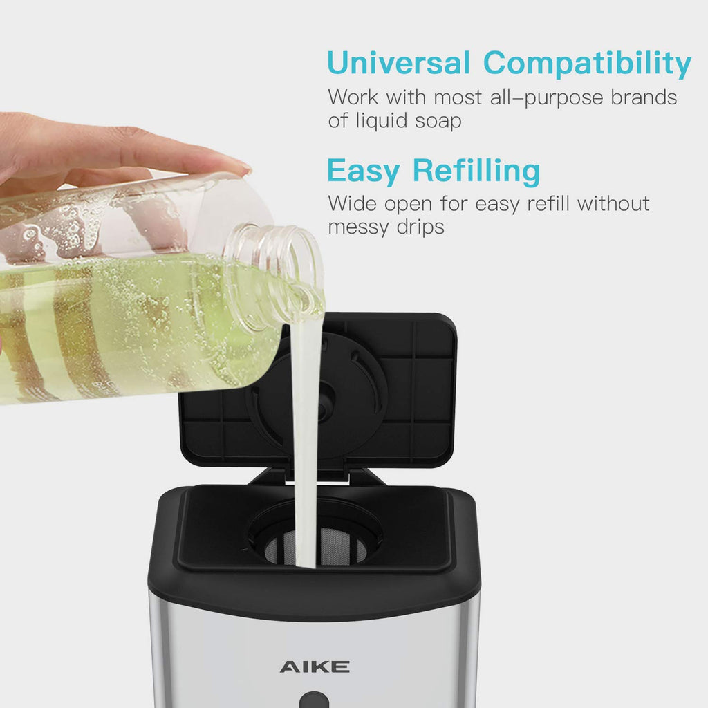 Aike Automatic Soap Dispenser Commercial Wall Mounted Liquid Dispenser Polished Stainless Steel Finish 1100Ml Large Capacity