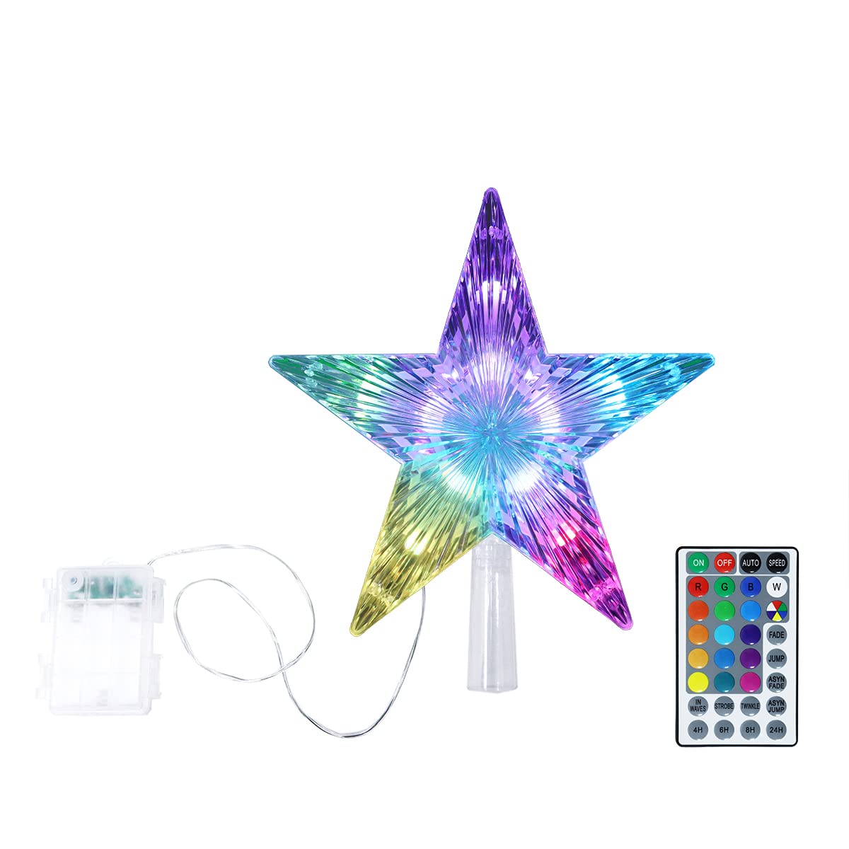 Christmas Star Tree Topper 9.5inch 17 colors 8 dynamic modes with Versatile Remote Controller 3AA Battery Powered for Lighted Ch