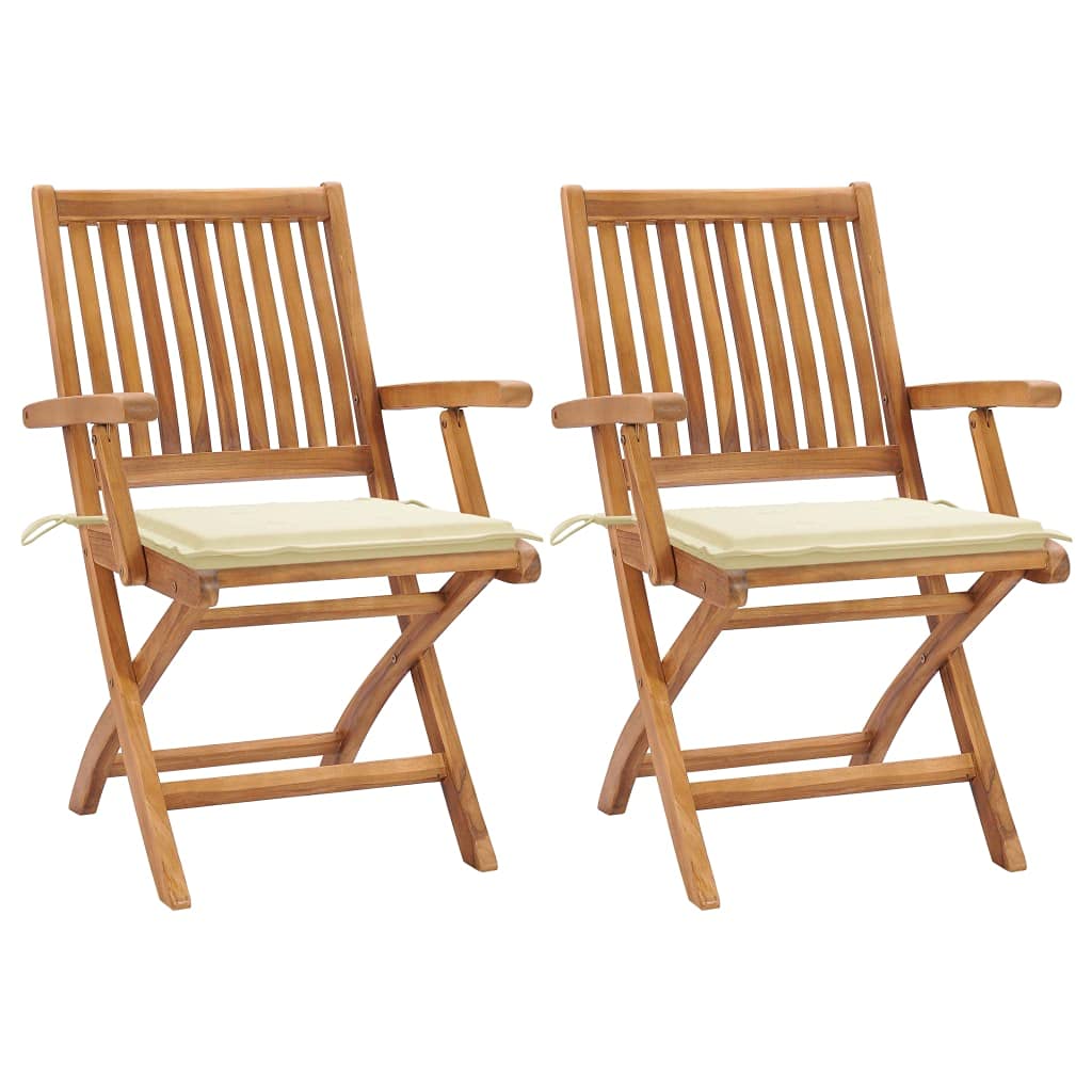 vidaXL Patio Chairs - Outdoor Teak Wood Folding Chairs with Cushions, 2 pcs, Durable & Water-Resistant, Ideal for Home, Office, Bars, Cafes