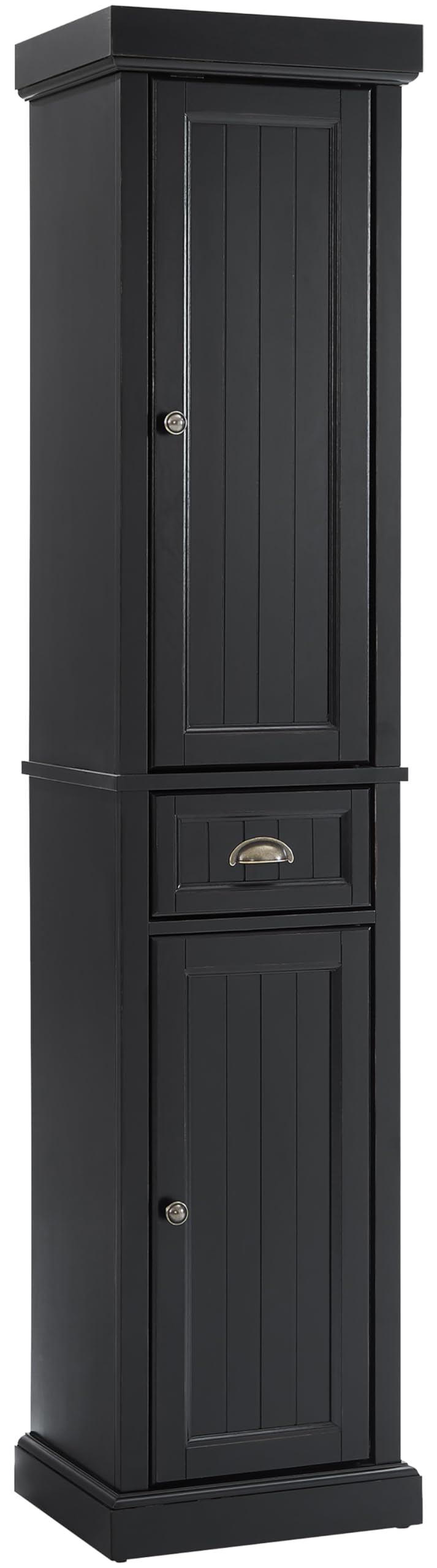 Crosley Furniture Seaside Tall Linen Storage Cabinet and Bathroom Organizer with a Drawer and Shelves, Distressed Black