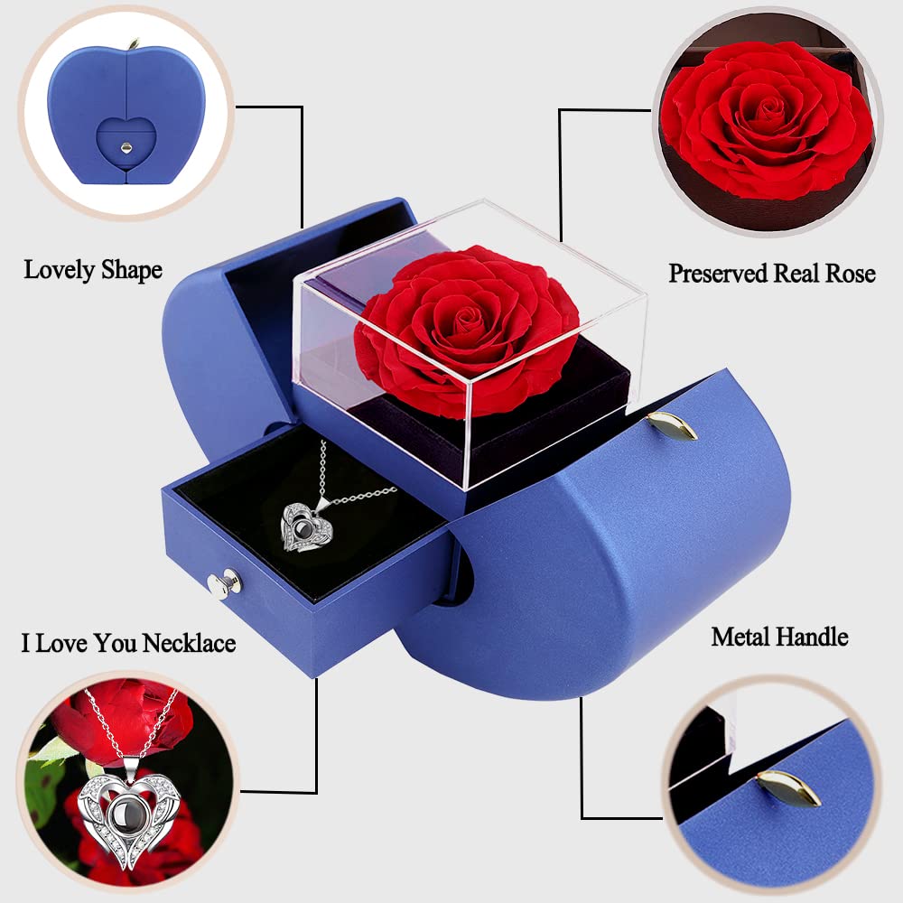 Preserved Red Real Rose Box With I Love You In 100 Languages Necklace,Gifts For Girlfriend/Women/Mom/Wife/Best Friend On Valenti