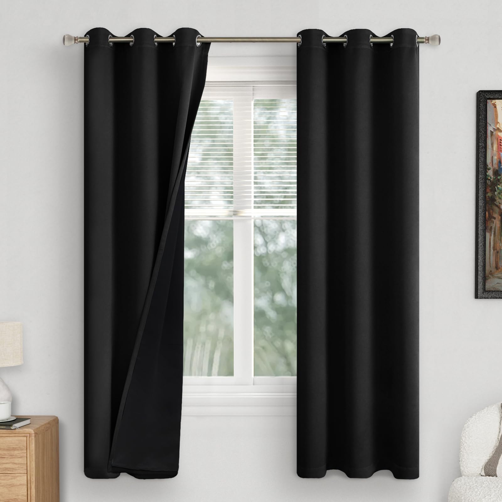 Quemas Black Blackout Curtains For Bedroom 72 Inch Length 2 Panels,Thermal Insulated 100% Light Blocking Soundproof Grommet Wind