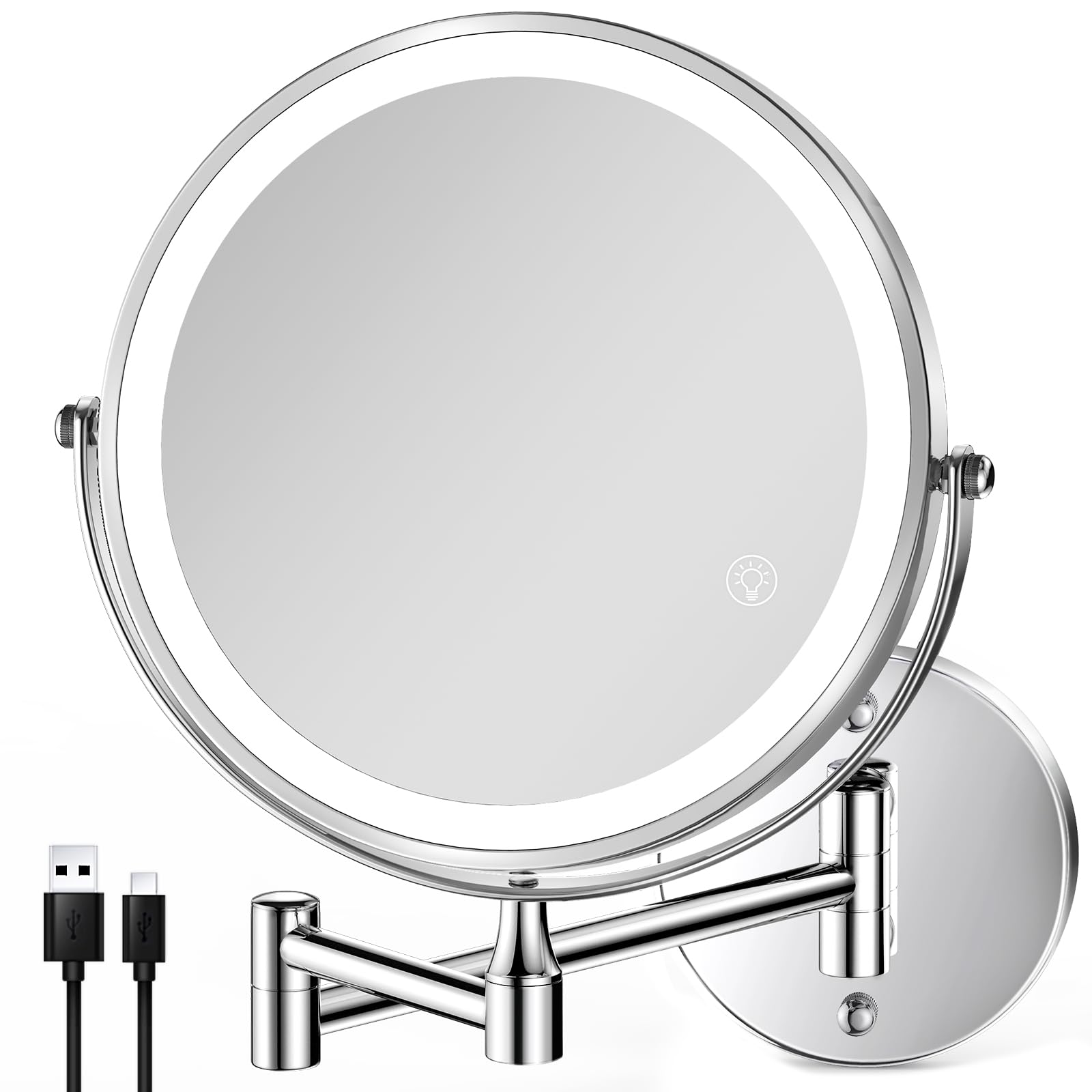 8.5 Inch Rechargeable Wall Mounted Lighted Makeup Mirror, Double-Sided 1X/10X LED Magnifying Vanity Mirror with Lights, 3 Color 