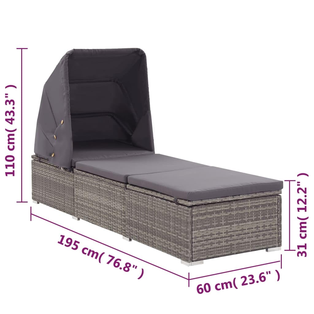 vidaXL Poly Rattan Sun Lounger with Canopy and Cushion - Weather Resistant, Easy-to-Clean Outdoor Lounger with Adjustable Positions and Removable Cushion Cover - Ideal for Patio, Poolside, Balcony...