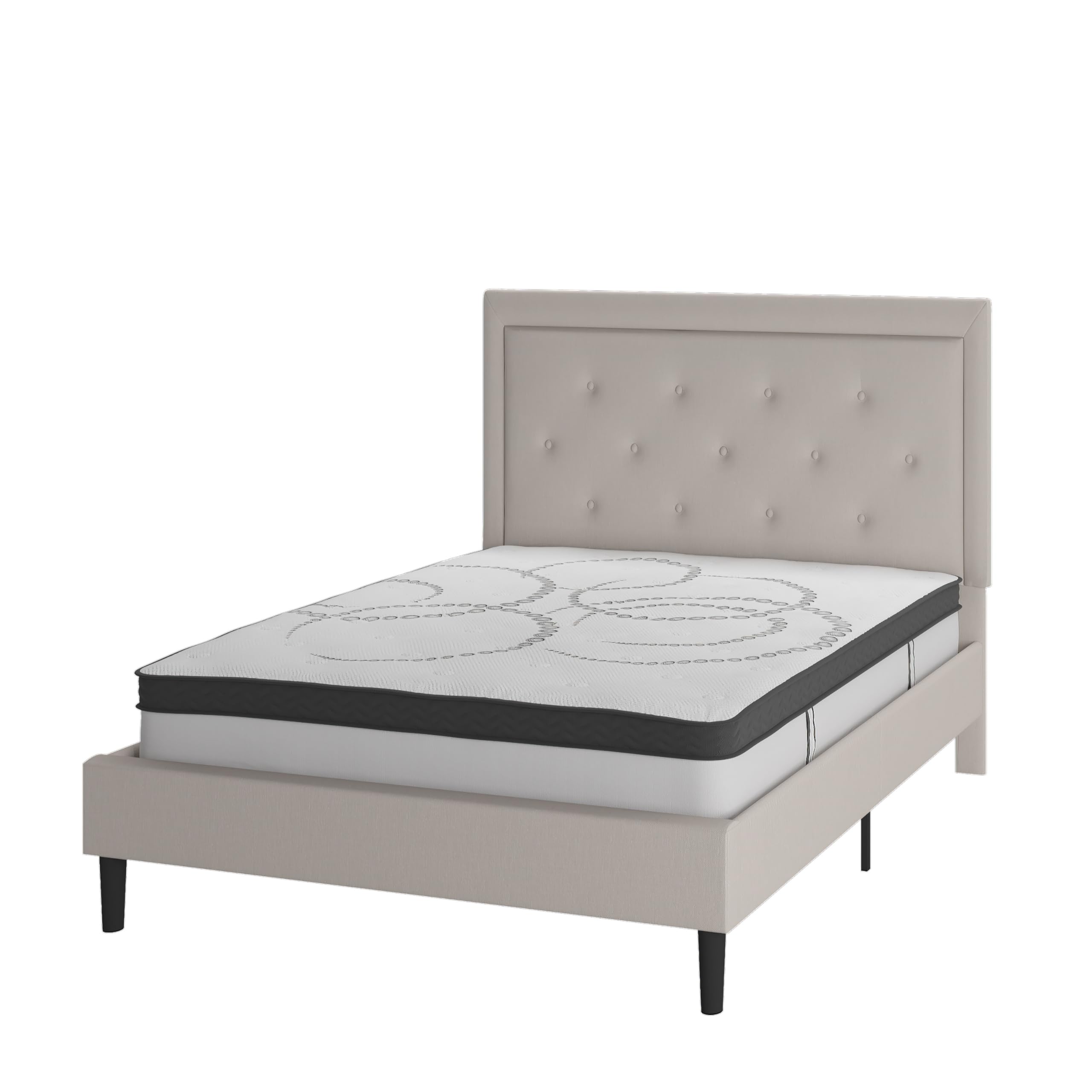 Flash Furniture Roxbury Full Size Tufted Upholstered Platform Bed In Beige Fabric With 10 Inch Certipur-Us Certified Pocket Spring Mattress