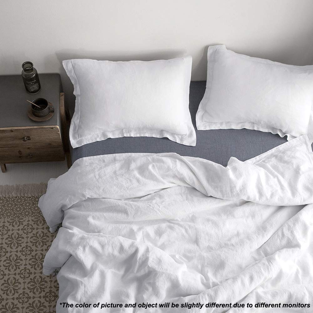 Simple&Opulence 100% Linen Duvet Cover Set With Embroidery Border Washed - 3 Pieces (1 Duvet Cover With 2 Pillow Shams) With Button Closure Soft Breathable Farmhouse - White, Queen Size