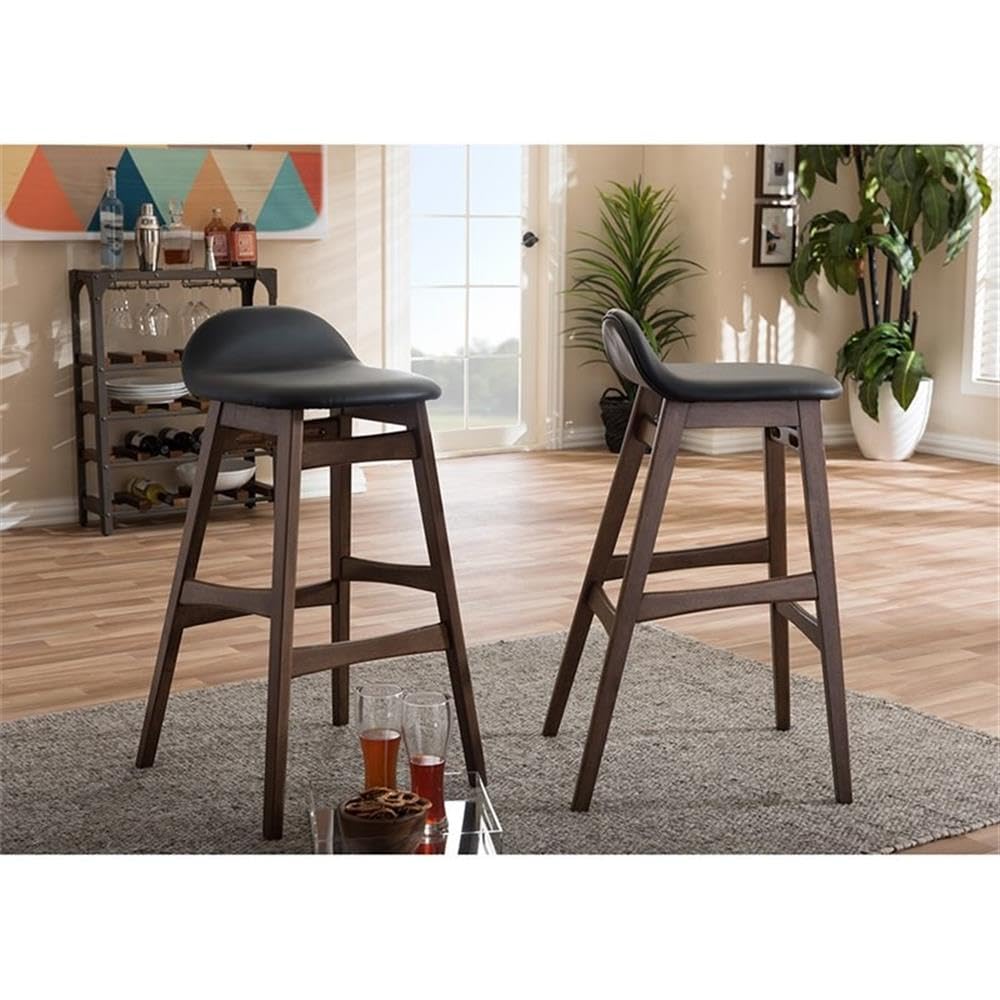 Baxton Studio 2 Piece Bloom Scandinavian Style Faux Leather Upholstered Walnut Barstool Set, 30&quot;, Black