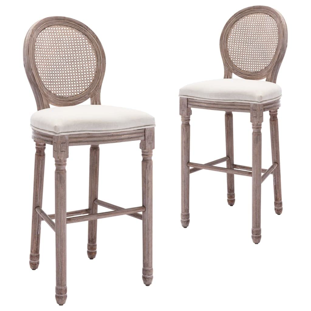 vidaXL Solid Wooden Bar Stools - Antique Baroque Style, Durable and Easy to Assemble, Cream White Linen Upholstery, Set of 2