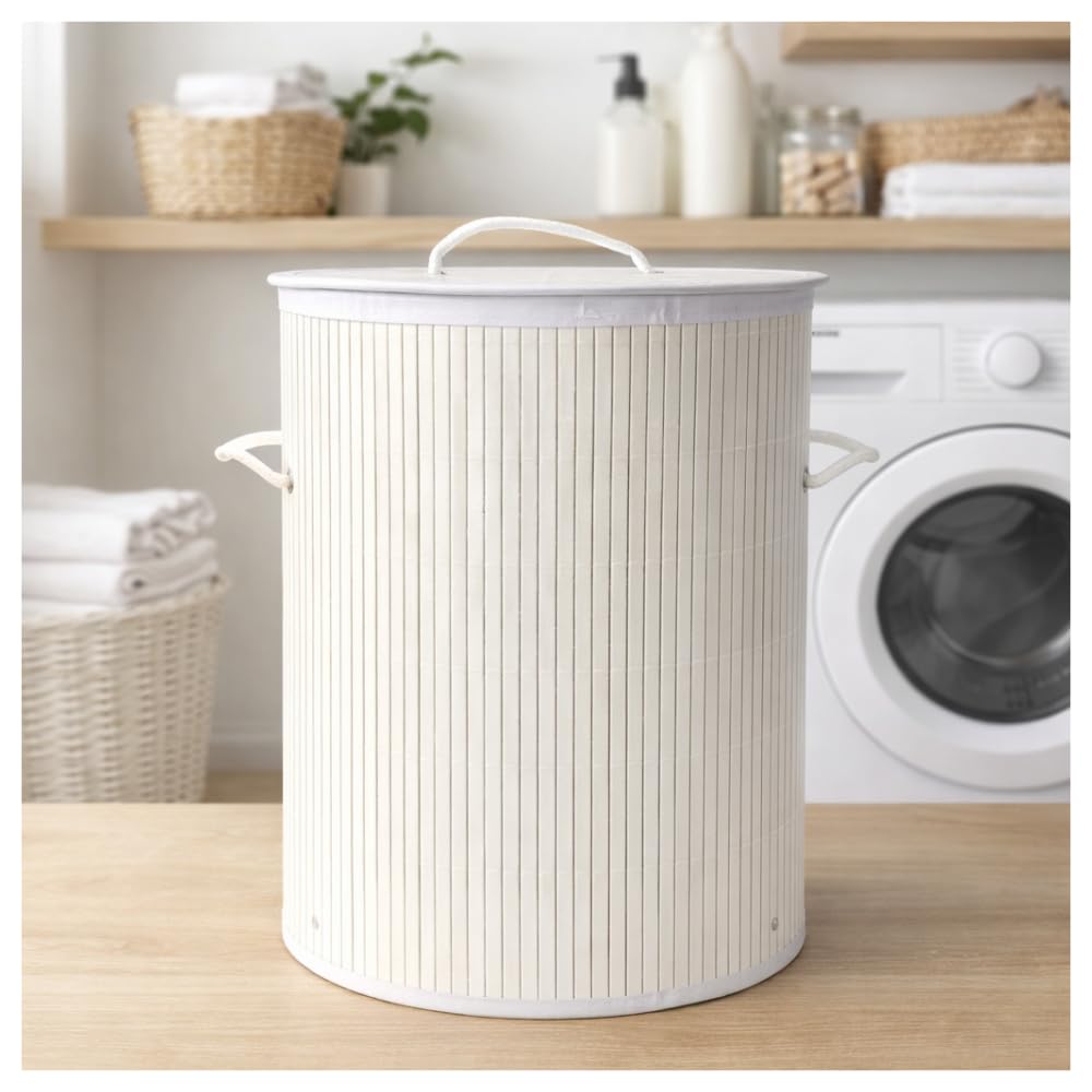 AJS Laundry Basket with Lid | Foldable Large Clothes Storage Hamper | Round Laundry Organizer for Home