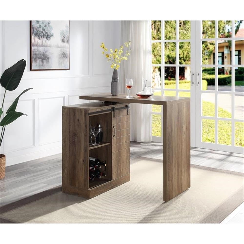 Acme Quillon Wooden Bar Table with Sliding Barn Door and Wine Rack in Rustic Oak