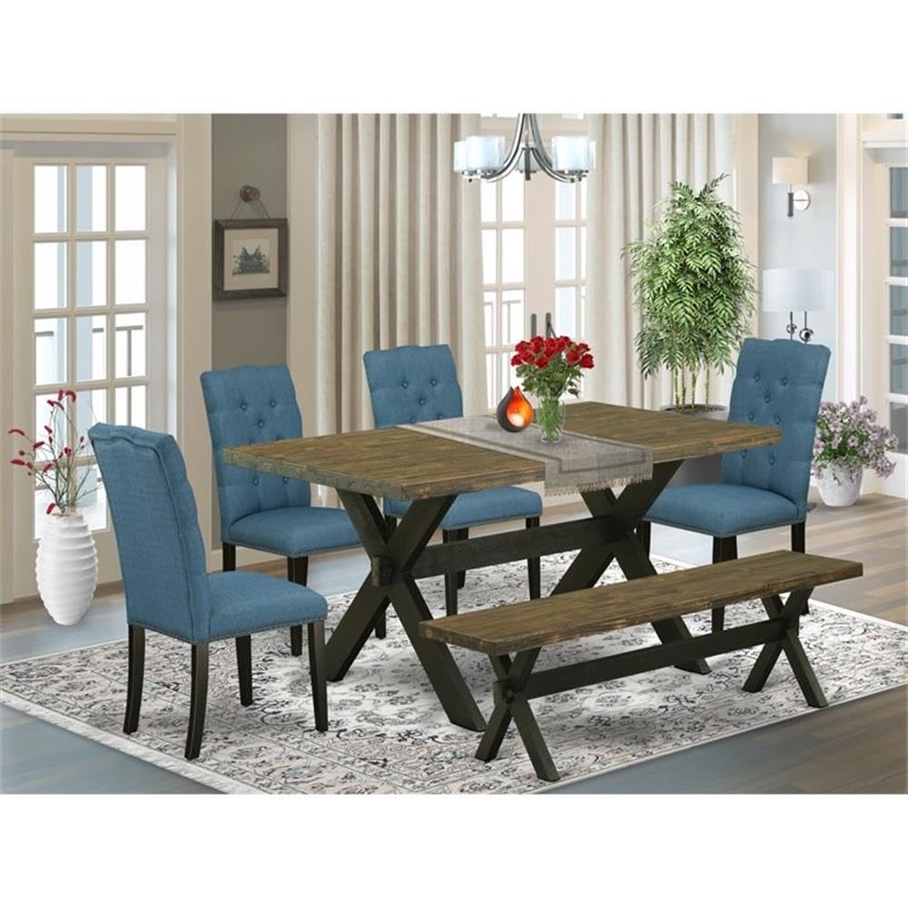 East West Furniture X676El121-6 6 Piece Dining Room Furniture Set Contains A Rectangle Dining Table With X-Legs And 4 Blue Linen Fabric Parson Chairs With A Bench, 36X60 Inch, Multi-Color