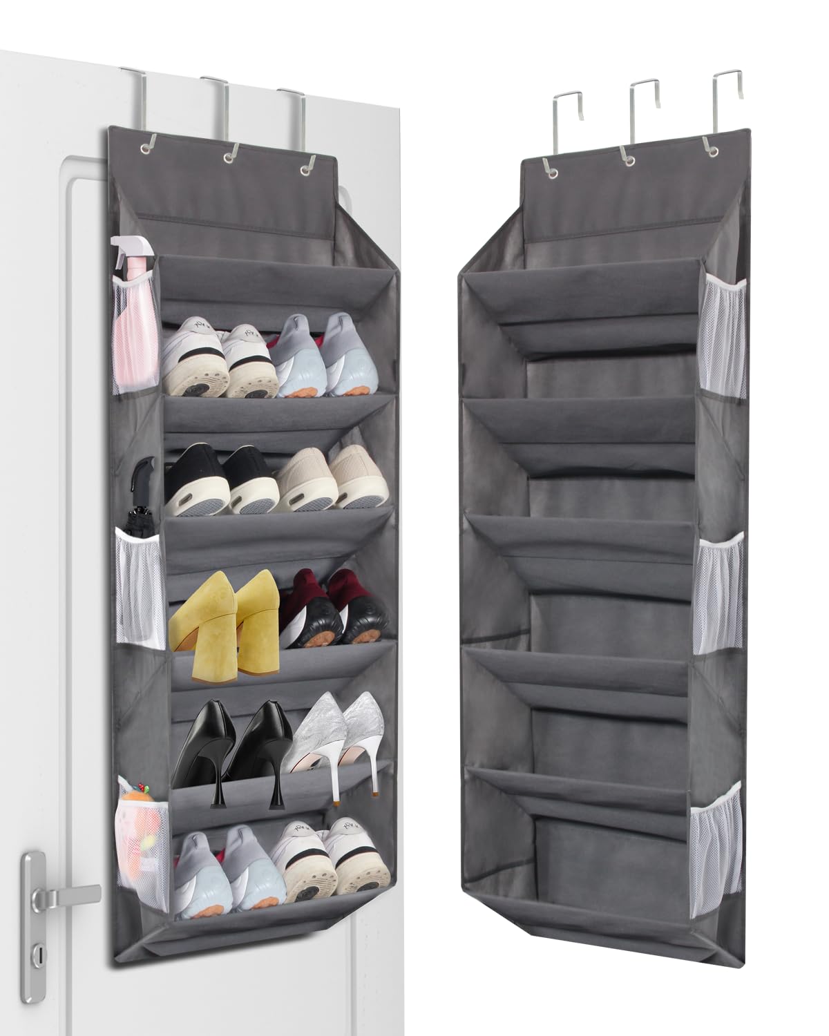 Miracsnail Closet Door Shoe Organizer Hanging with 6 Mesh Pockets 6 Wire Deep Large Pockets 50lbs Weight Capacity Fits 12 Pairs 