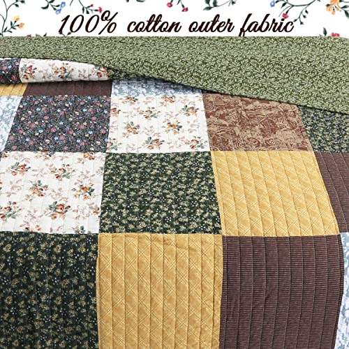 Cozy Line Home Fashions Olive Country Style Yellow Cotton Real Patchwork Quilt Bedding Set, Reversible Coverlet, Bedspread (Brow