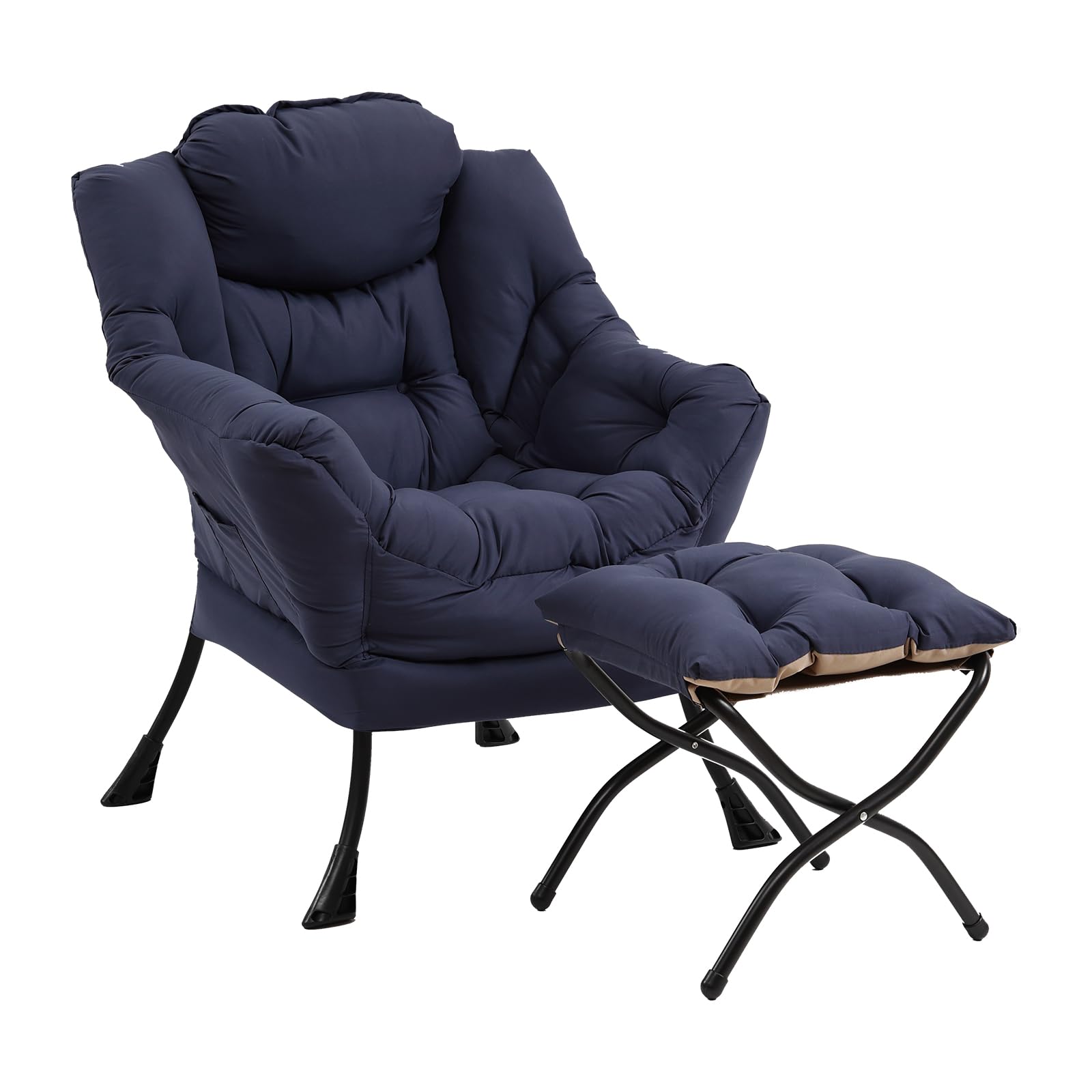 Furlide Lazy Chair With Ottoman, Modern Chair With Folding Footrest, Lounge Accent Chair, Comfortable Reading Chair (Navy Blue)