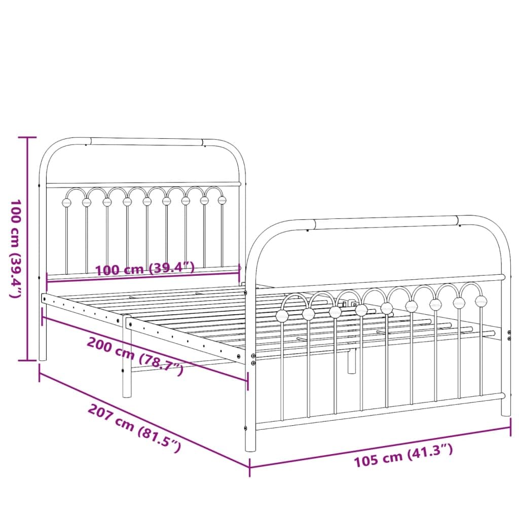 vidaXL Metal Bed Frame with Headboard and Footboard - White - 100x200 cm - Steel Single Bed Frame with Extra Storage Space