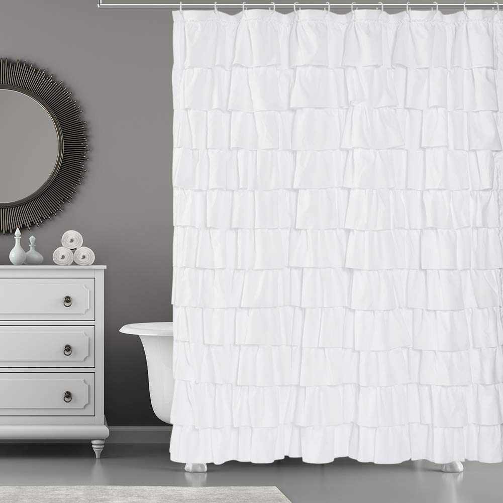 Westweir Ruffle Shower Curtain,84-Inches Extra Long,White Ruffled Bath Curtains For Bathroom,Fabric Farmhouse Decor,Soft Touch D