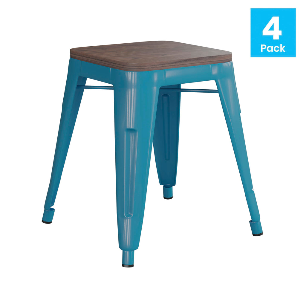 Flash Furniture Metal Dining Table Height Stool with Wooden Seat Set of 4 - Backless Teal Kai Commercial Grade Stool - Kai 18" Stackable Dining Chairs