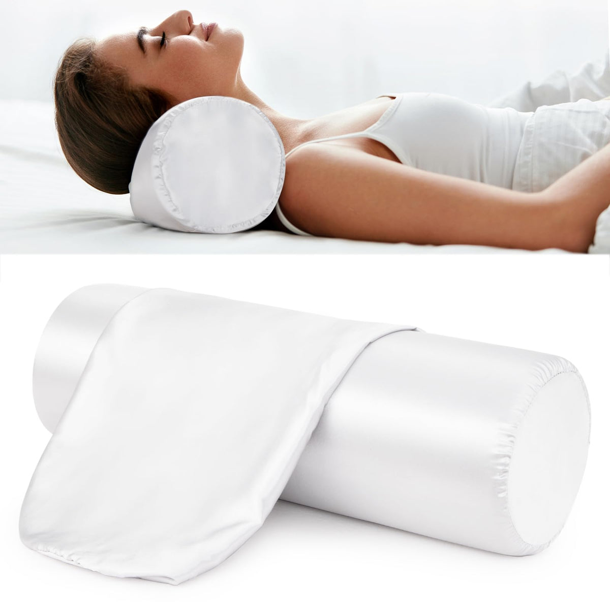 Noverlife 2 Pack 18X6 In White Silk Satin Neck Roll Pillow Cases, Neck Bolster Pillow Covers Round Neck Pillowcases For Hair & S
