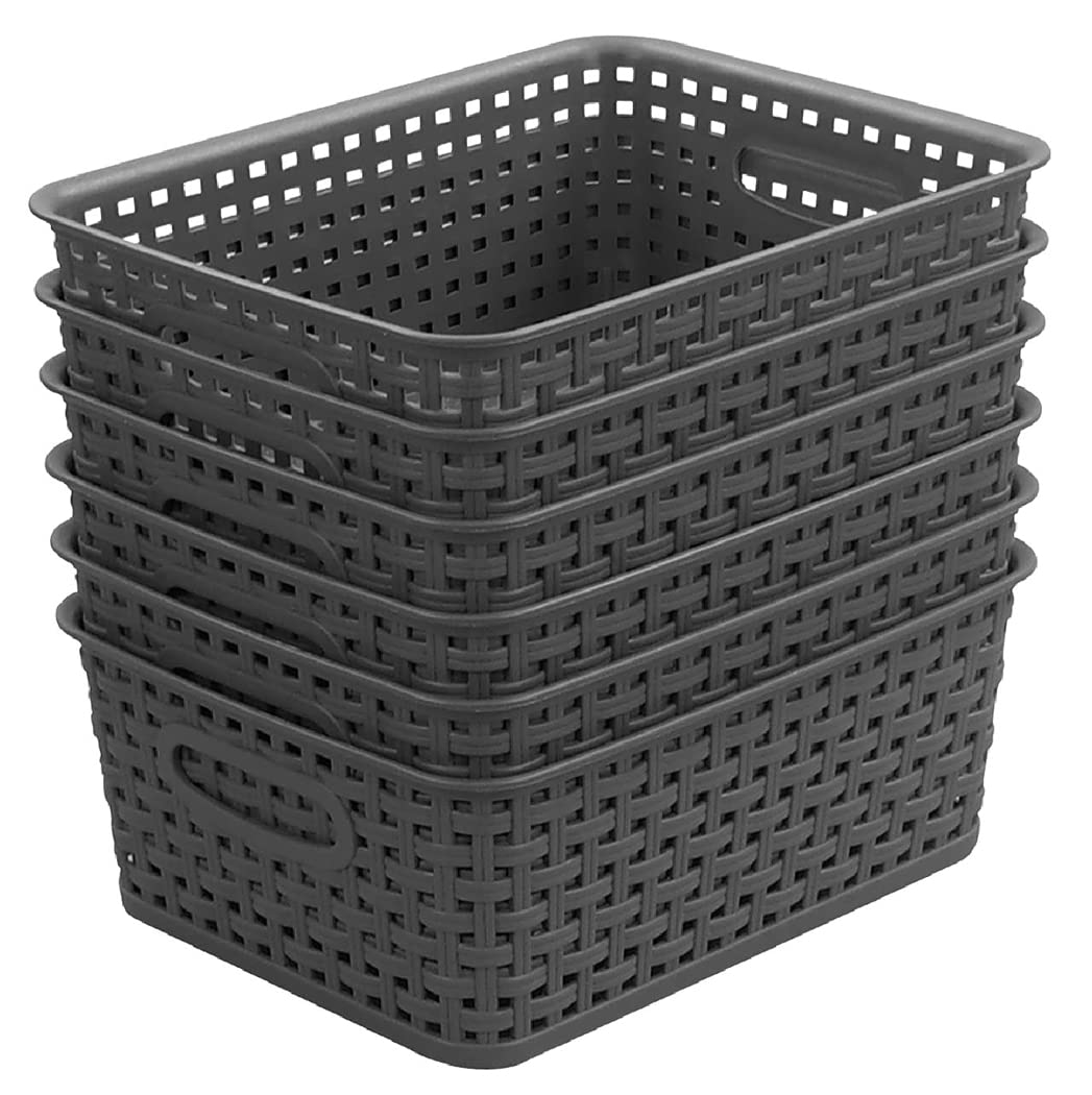 ZHENFAN Grey Plastic Woven Storage Basket, 6Pack Weave Gray Basket Organizer for Kitchen Office Bathroom