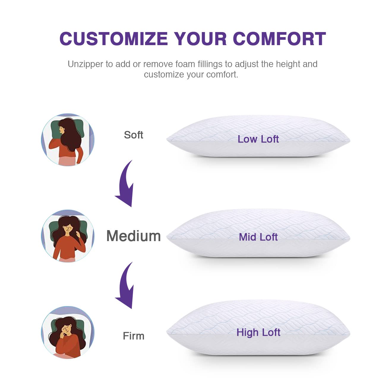 Wishsmile Cooling Shredded Memory Foam Pillows For Sleeping Cool Cold Pillow Standard Size Set Of 2 With Zipper, Adjustable Firm