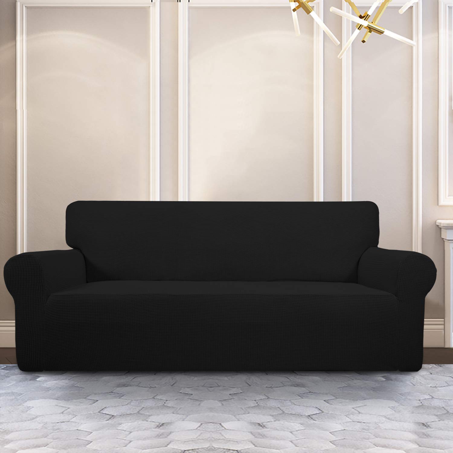 Purefit Stretch Oversized Sofa Slipcover – Spandex Jacquard Non Slip Soft Couch Sofa Cover, Washable Furniture Protector With Non Skid Foam And Elastic Bottom For Kids (Oversized Sofa, Black)