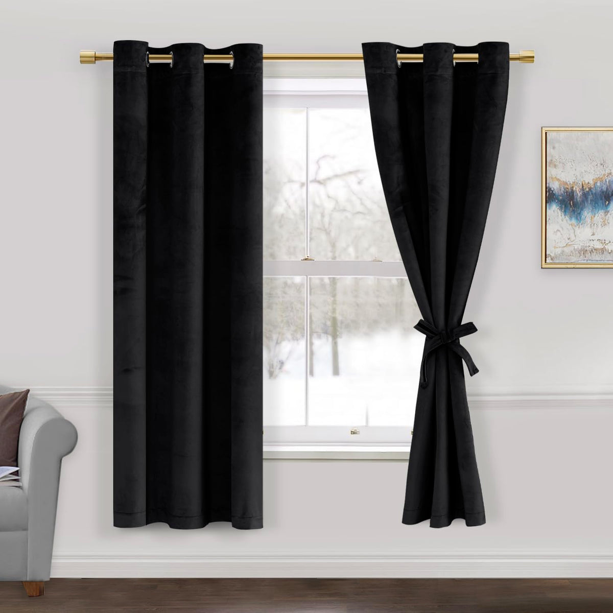 Jiuzhen Black Velvet Curtains 63 Inches Blackout Curtains For Living Room - Privacy Protect Room Darkening Grommet Thick Velvet
