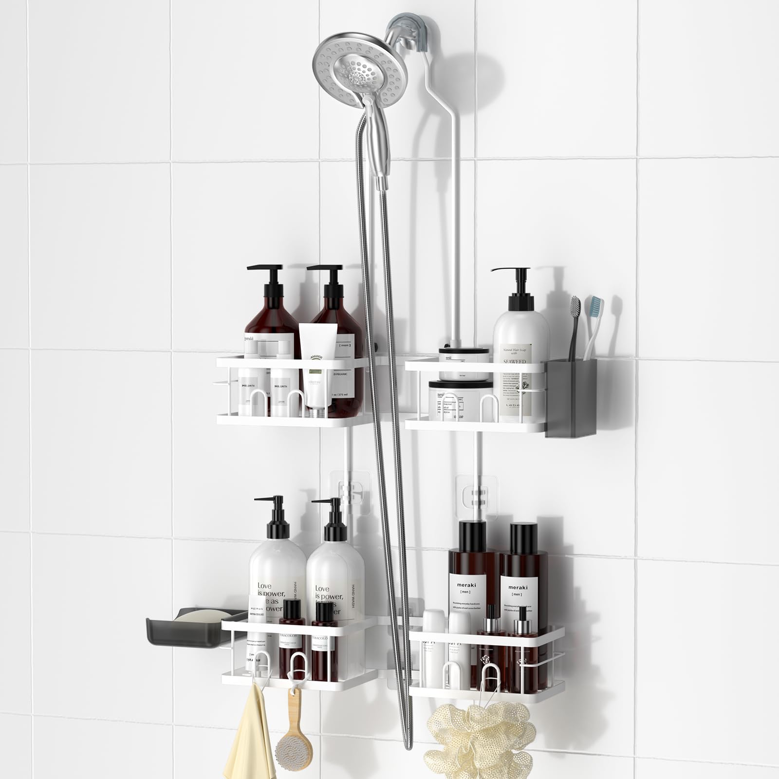 REINHARDT Adjustable Shower Caddy Hanging Rustproof Shower Caddy for Handheld Showerheads, Shower Organizer with Hooks Soap Hold