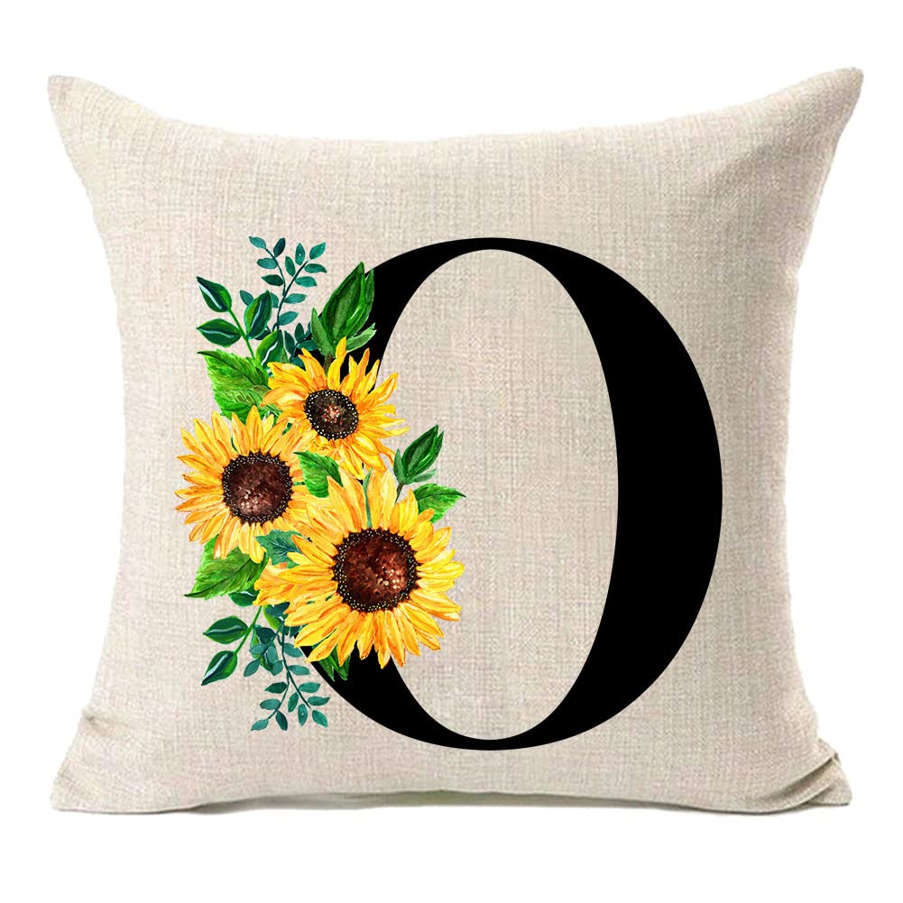 Mfgneh Monogram Letter O Sunflower Pillow Covers 18X18 Inch,Spring Decor Throw Pillow Case Cushion Cover Summer Farmhouse Decor