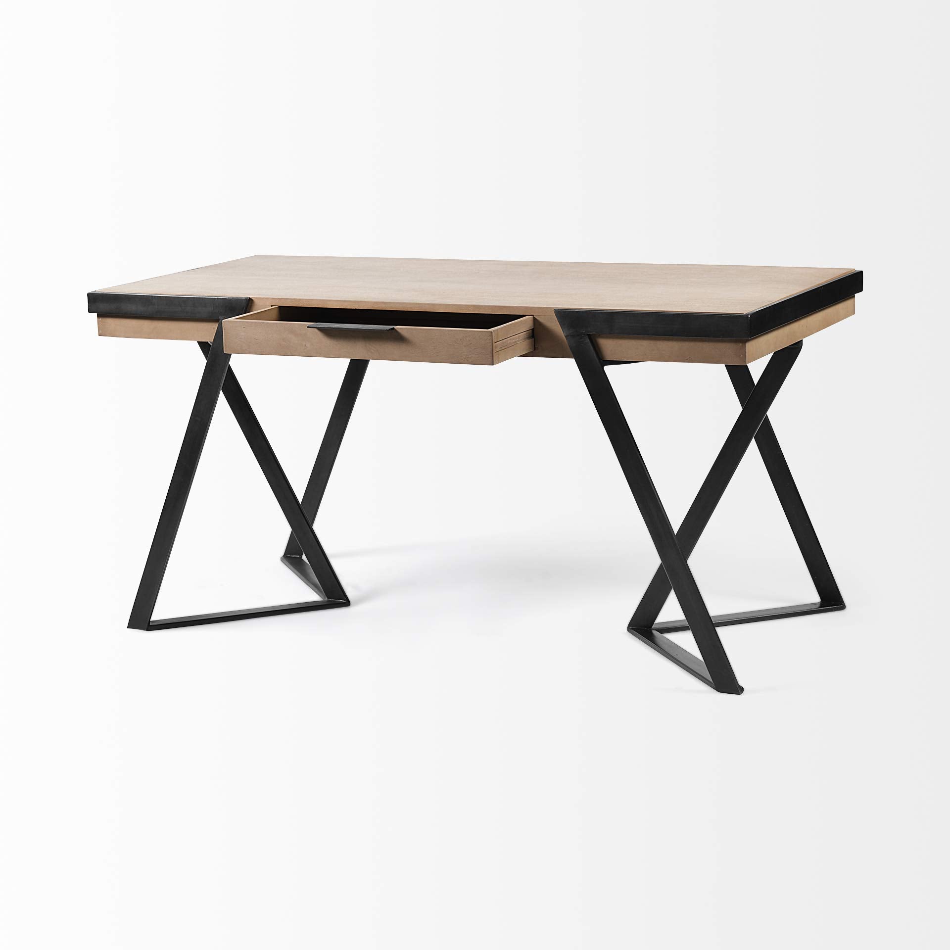 HomeRoots Brown Indian Mango Wood Solid Mango Wood Finish Writing Desk with Single Storage and Black Triangular Iron Legs