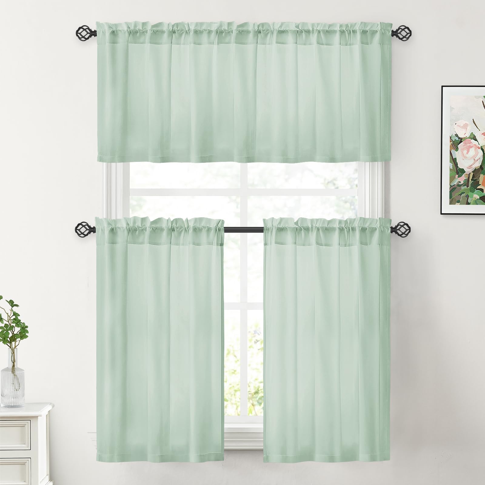 Homeideas Non-See-Through Sage Green Privacy Sheer Curtains 30 X 24 Inches Long 2 Panels Sheer Curtains Light Filtering Window Curtains Drapes For Bedroom Living Room