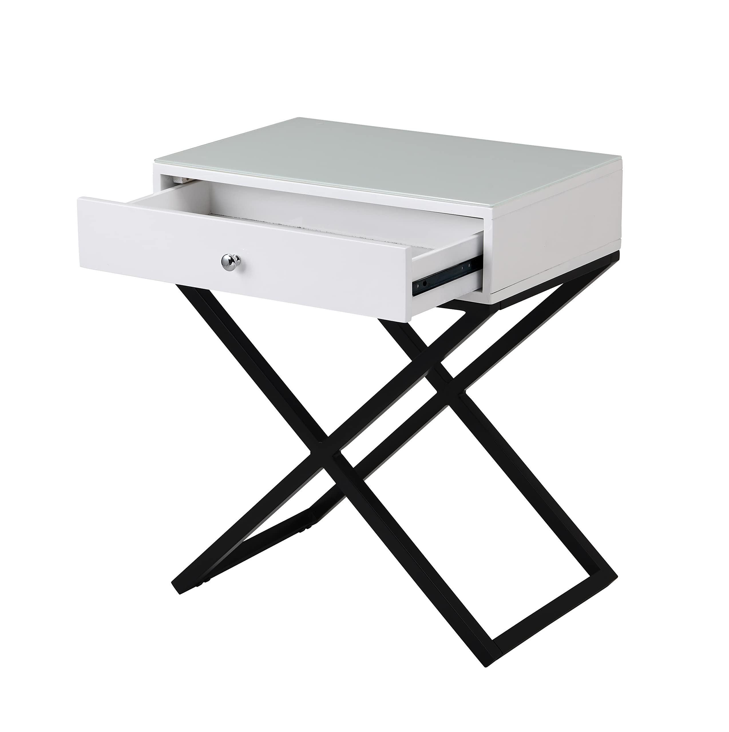 Lilola Home Koda White Wooden End Side Table Nightstand with Glass Top, Drawer and Metal Cross Base