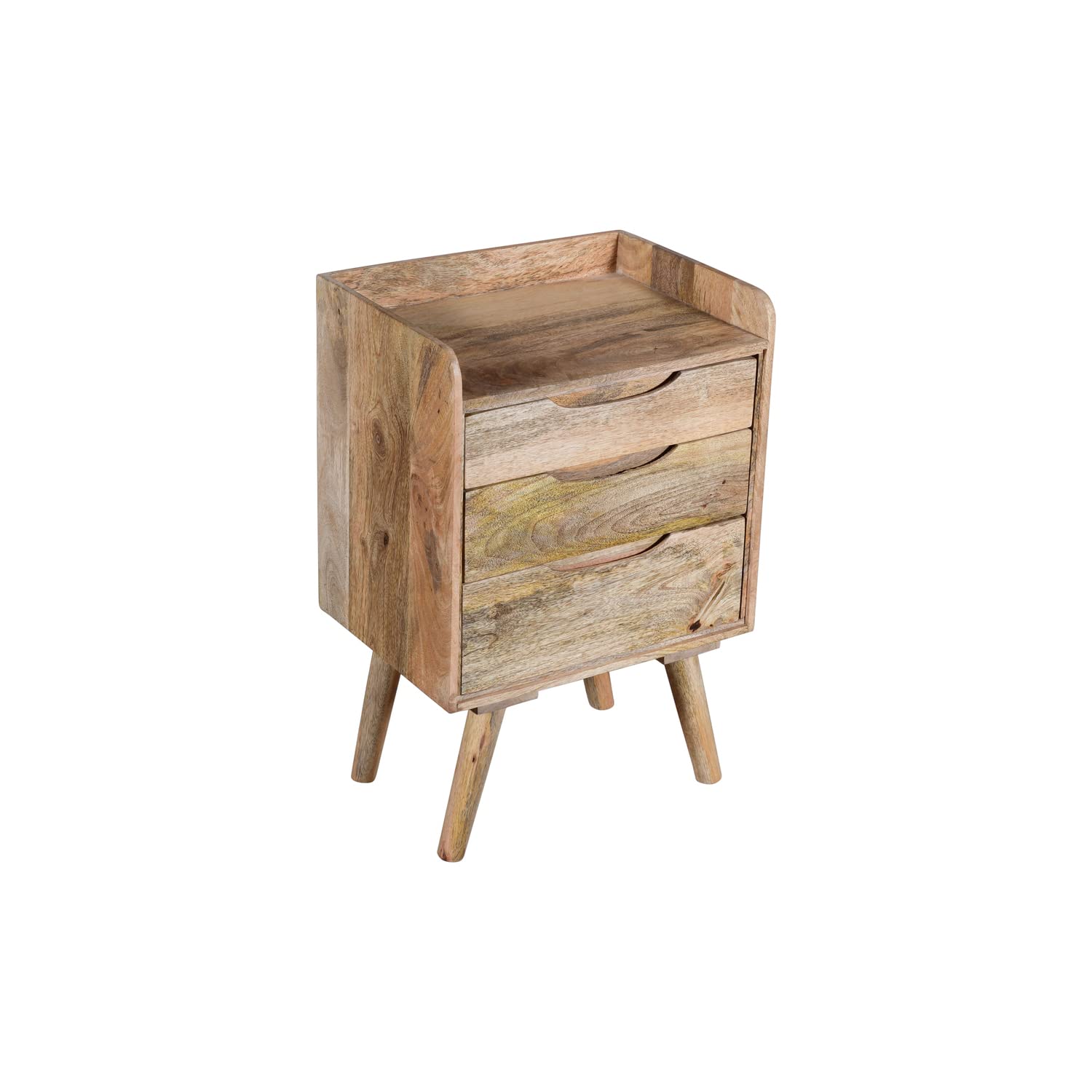The Urban Port End 24-Inches 3-Drawer Mango Wood Bedside Table with Grains and Tray Top, Oak Brown