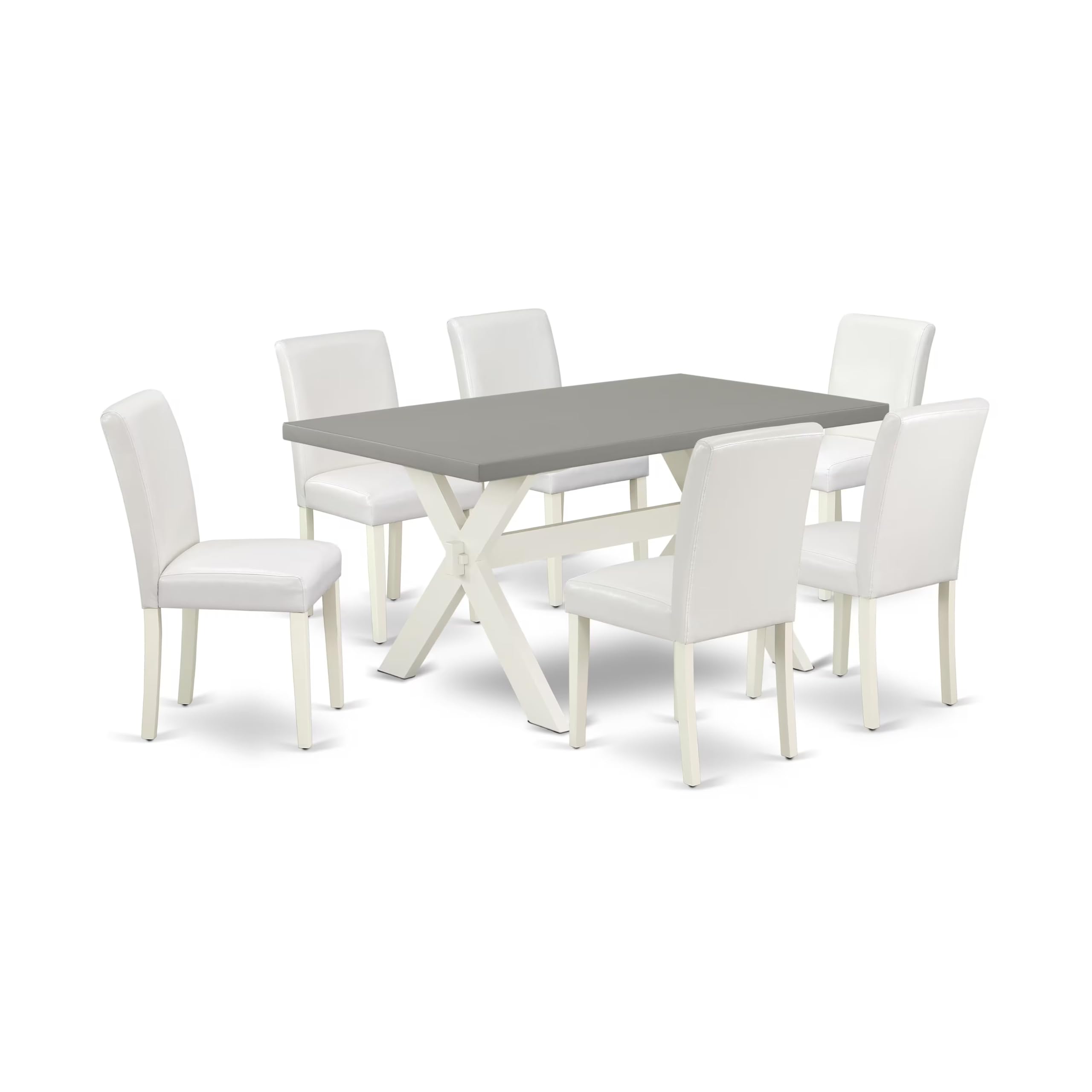 East West Furniture X096Ab264-7 7 Piece Modern Dining Table Set Consist Of A Rectangle Wooden Table With X-Legs And 6 White Faux Leather Upholstered Parson Chairs, 36X60 Inch, Multi-Color