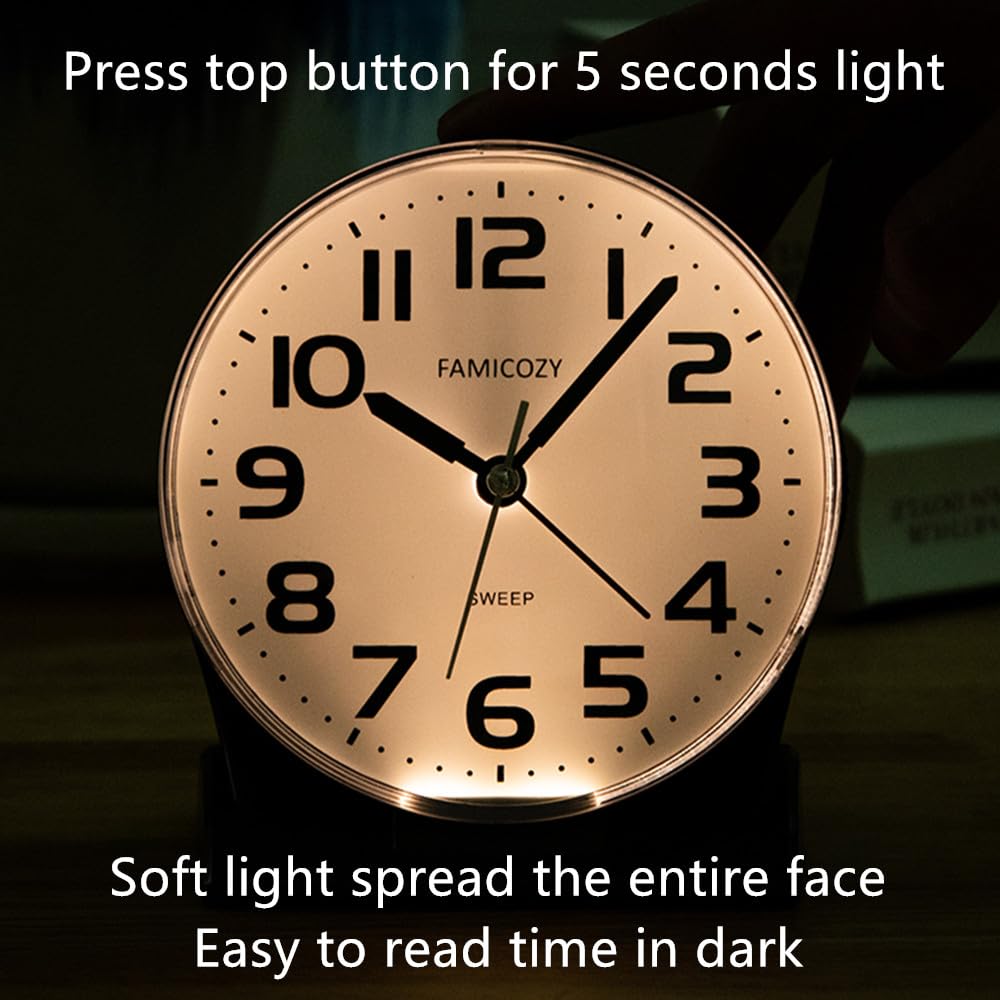 Famicozy 4.5'' No Ticking Analog Alarm Clock,Silent Readable For Seniors,Easy To Set,Gradual Rise Alarm,Big Numbers,On/Off Switc