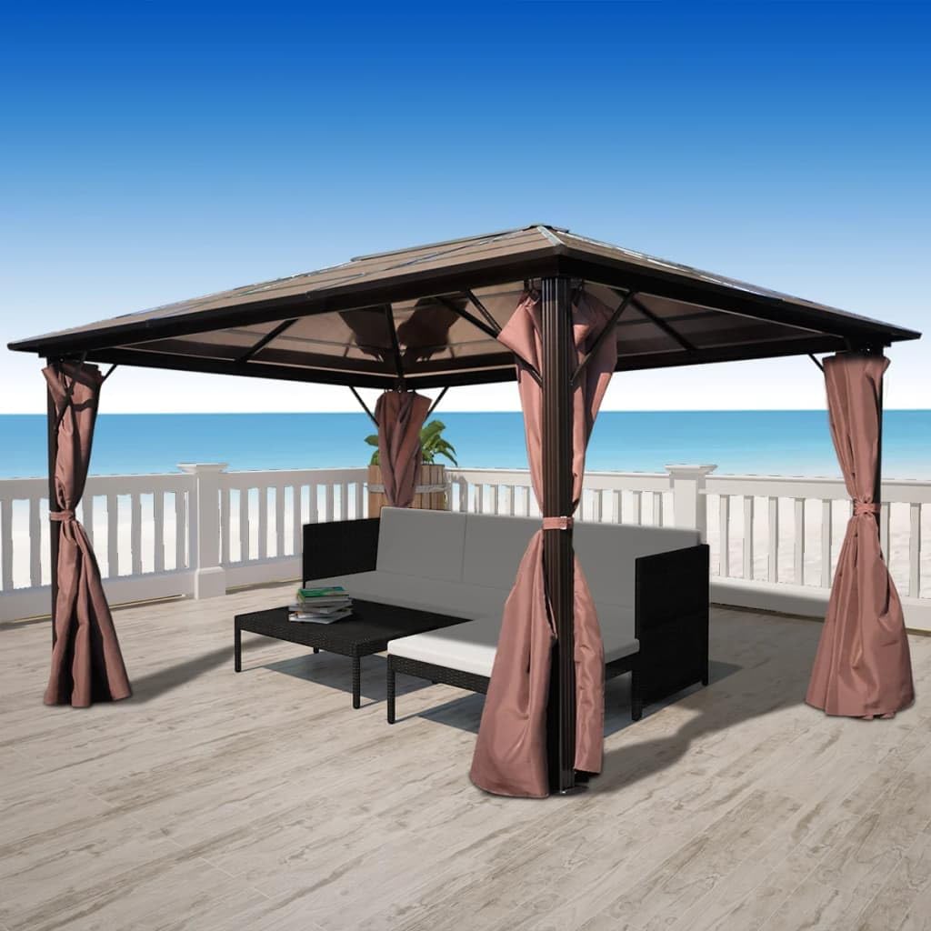 Gazebo With Curtain Brown Aluminum 13' X 10'