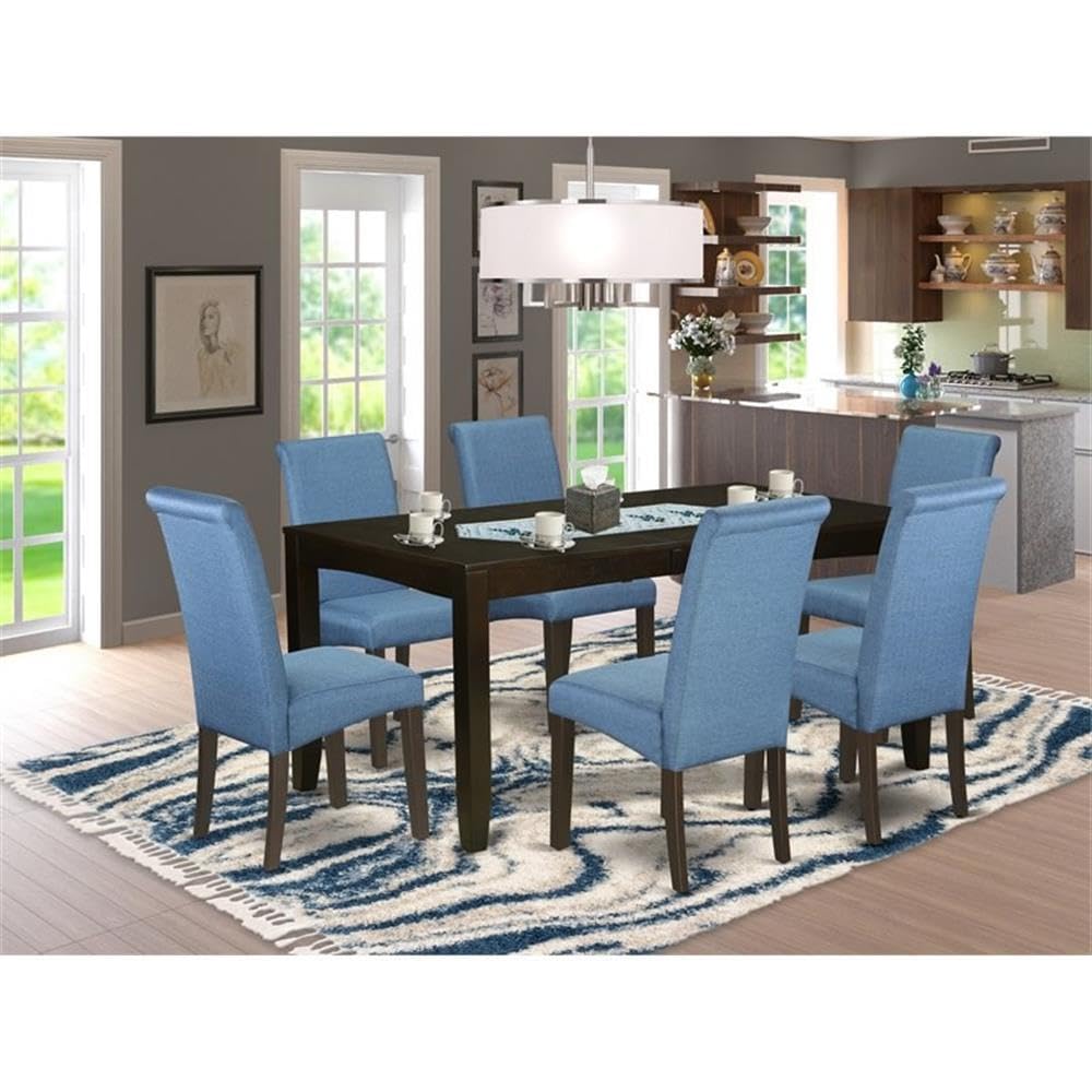 East West Furniture Lyba7-Cap-21 7 Piece Dinette Set Consist Of A Rectangle Dining Room Table With Butterfly Leaf And 6 Blue Color Linen Fabric Upholstered Chairs, 36X66 Inch, Cappuccino