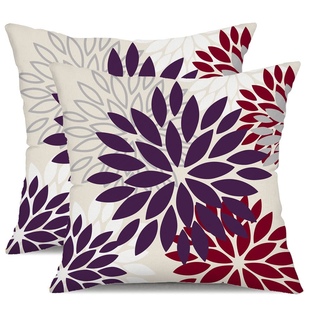 Dfxsz Purple Wine Red Flower Pillow Covers 18X18 Inch Set Of 2 Outdoor Throw Pillows Outdoor Waterproof Decor For Living Room So