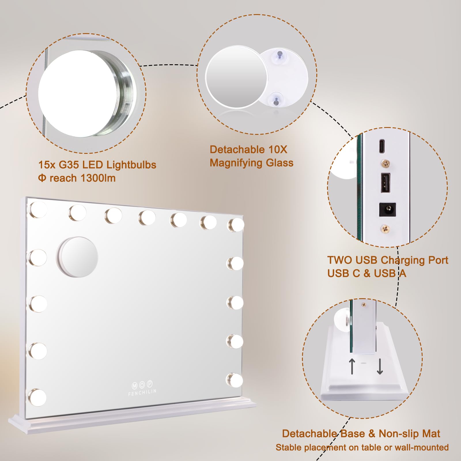 Fenchilin Vanity Mirror With Lights, Hollywood Lighted Makeup Mirror With 15 Dimmable Led Bulbs For Dressing Room & Bedroom, Sli