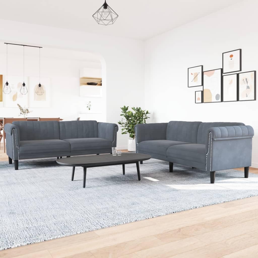 vidaXL Dark Gray Modern Sofa Set - 2 and 3-Seater Velvet Couches with Sturdy Legs & Comfortable Padded Living Room Furniture