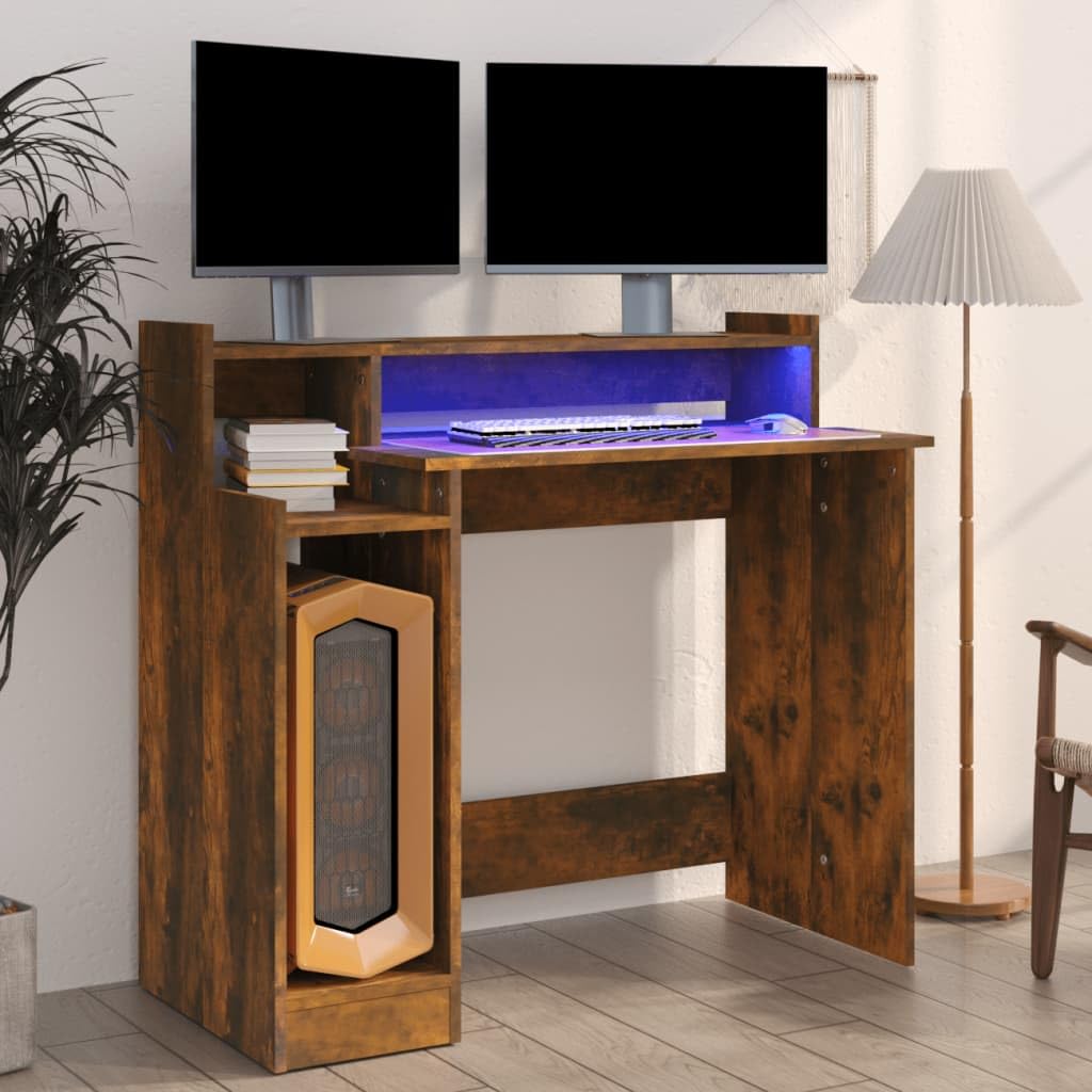 vidaXL Standing Desk with LED Lights in Smoked Oak | Engineered Wood Workspace | Multipurpose Computer Table with Practical Design for Office & Study | Dimensions: 38.2&quot;x17.7&quot;x35.4&quot;